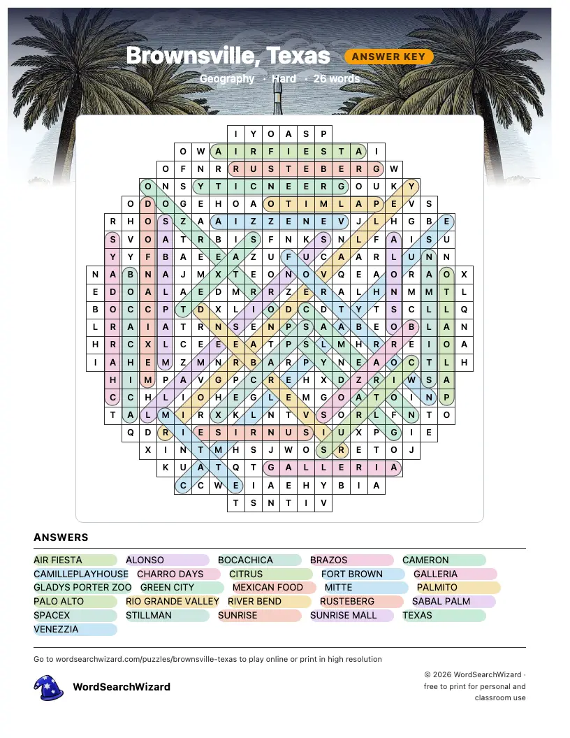 Brownsville, Texas word search answer key, all 26 words marked