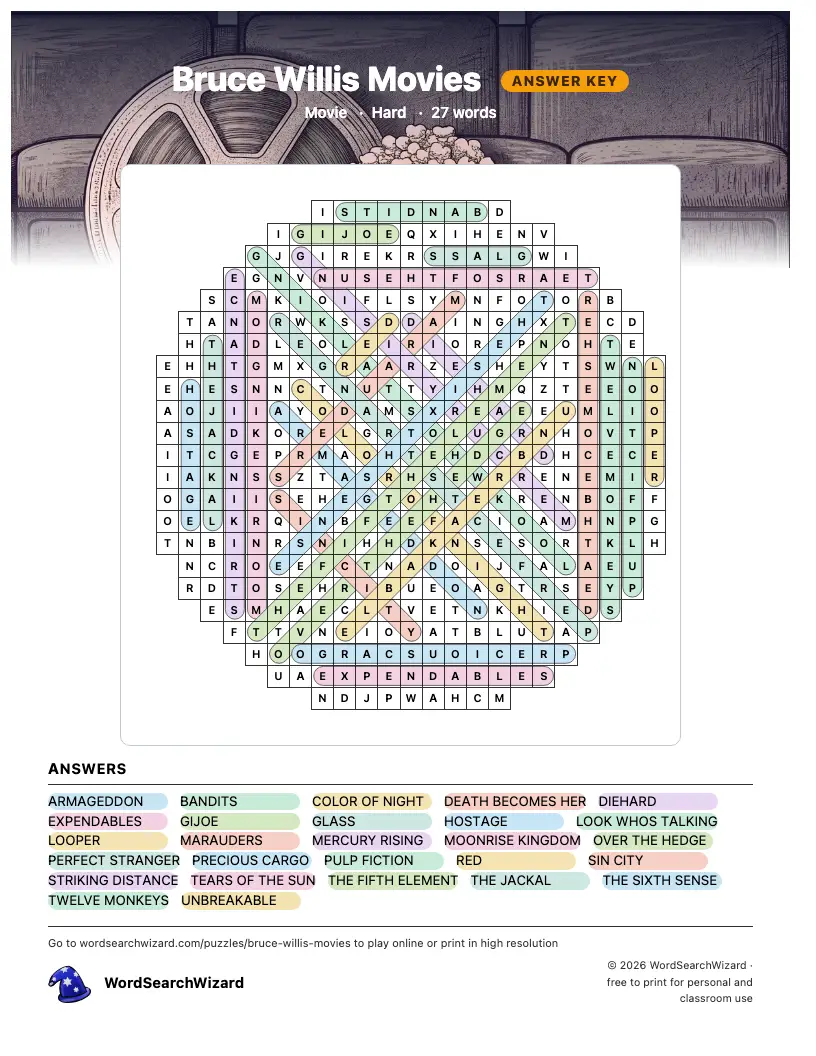 Bruce Willis Movies word search answer key, all 27 words marked