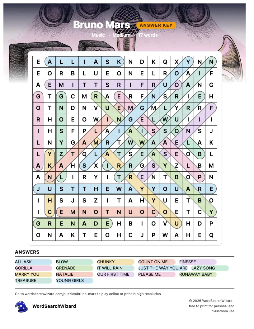 Bruno Mars word search answer key, all 17 words marked