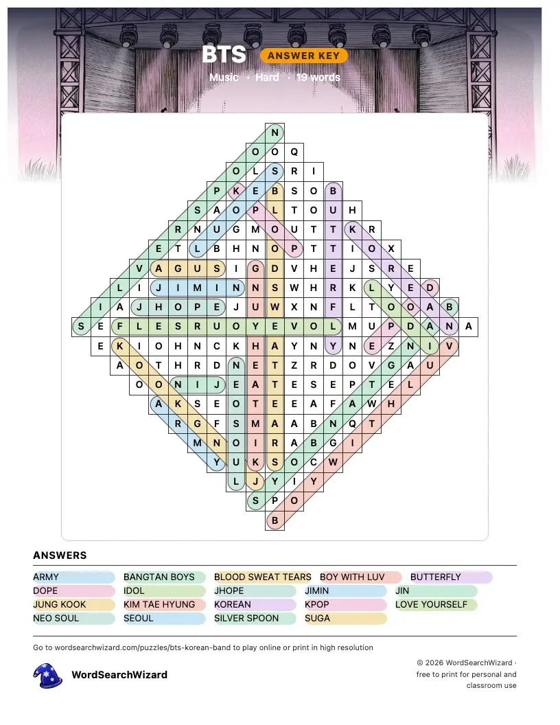 BTS word search answer key, all 19 words marked