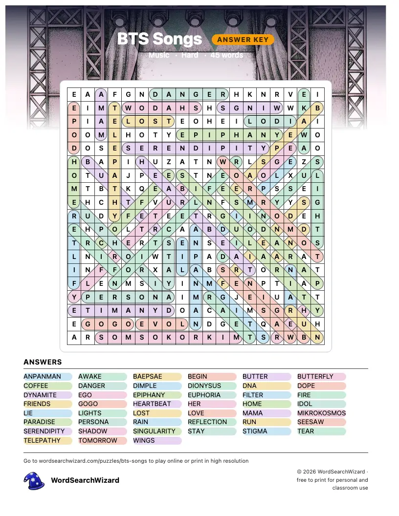 BTS Songs word search answer key, all 45 words marked