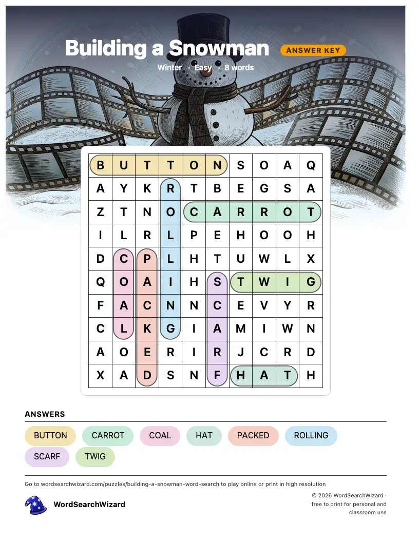 Building a Snowman word search answer key, all 8 words marked