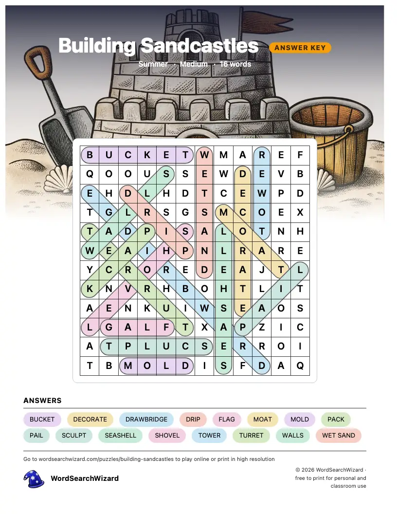 Building Sandcastles word search answer key, all 16 words marked