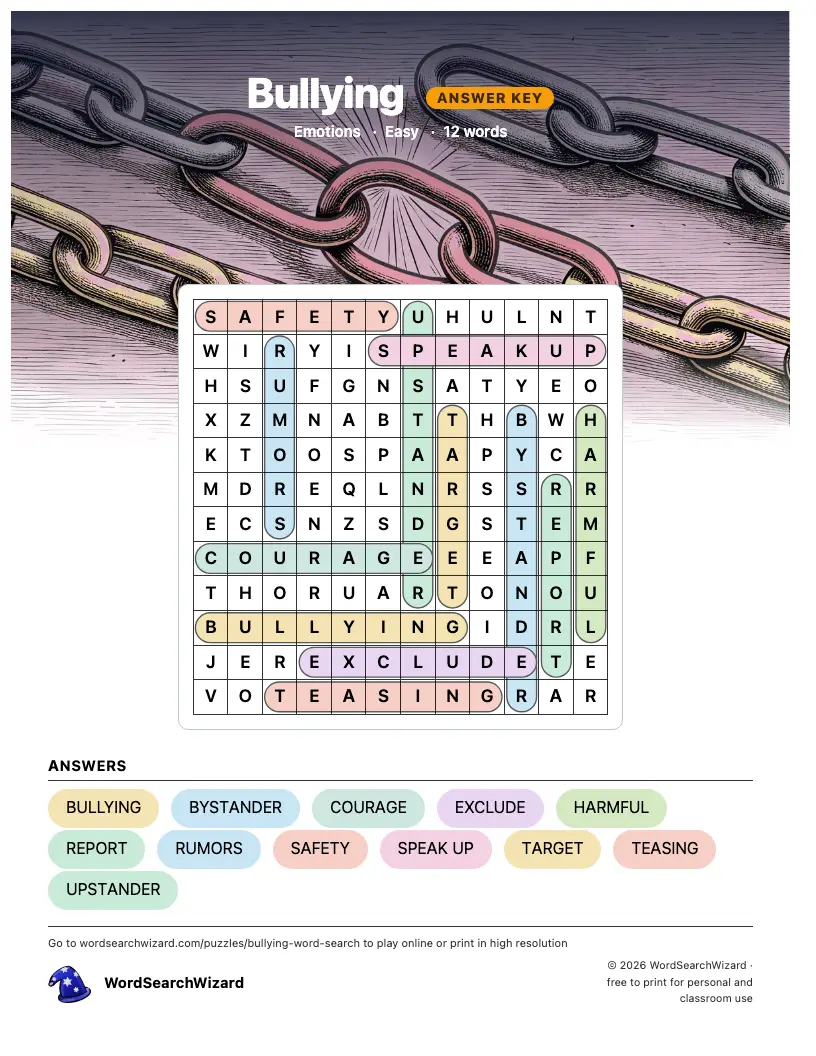 Bullying word search answer key, all 12 words marked