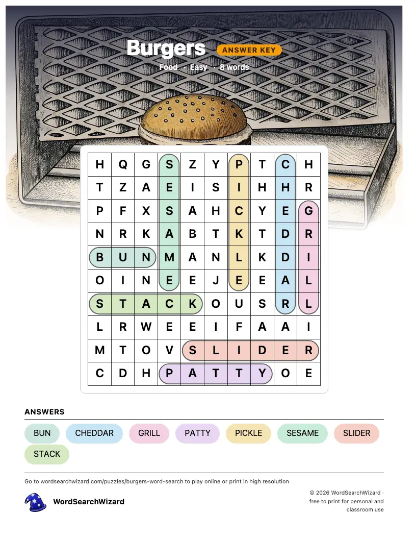 Burgers word search answer key, all 8 words marked