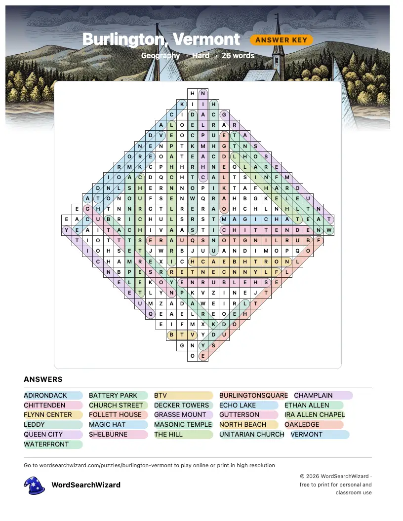Burlington, Vermont word search answer key, all 26 words marked