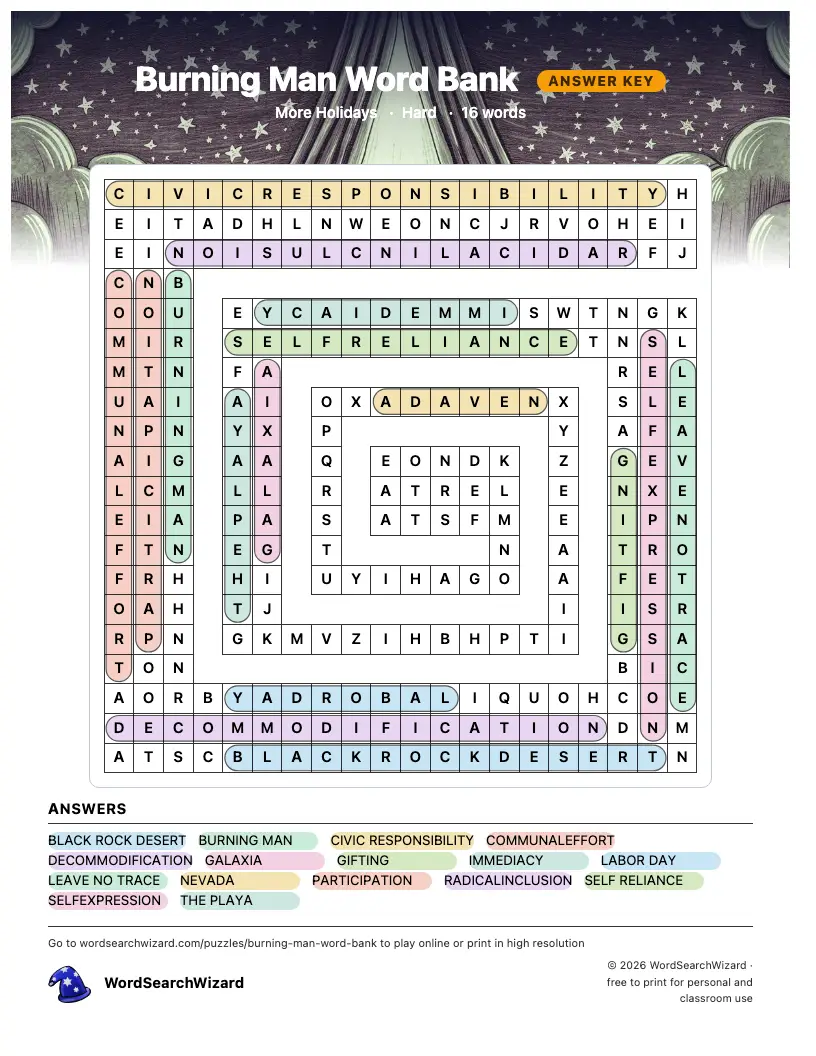 Burning Man Word Bank word search answer key, all 16 words marked
