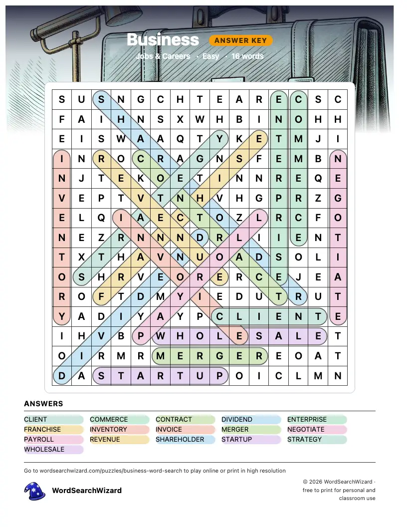 Business word search answer key, all 16 words marked