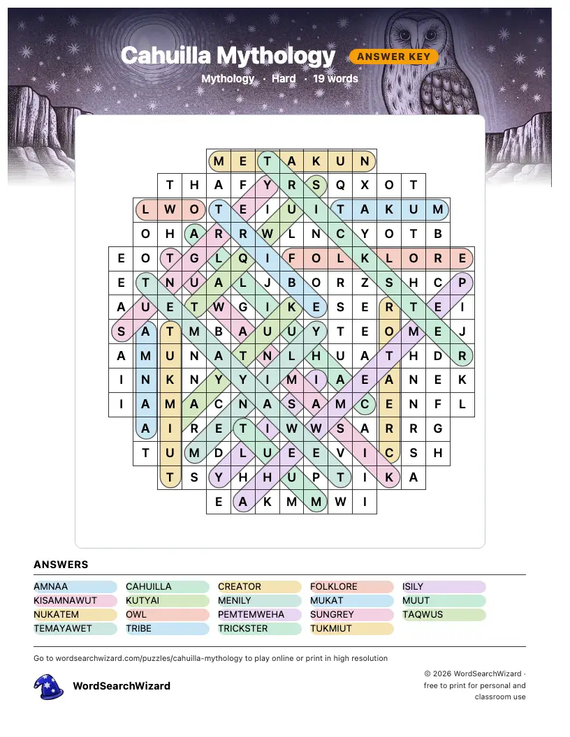 Cahuilla Mythology word search answer key, all 19 words marked