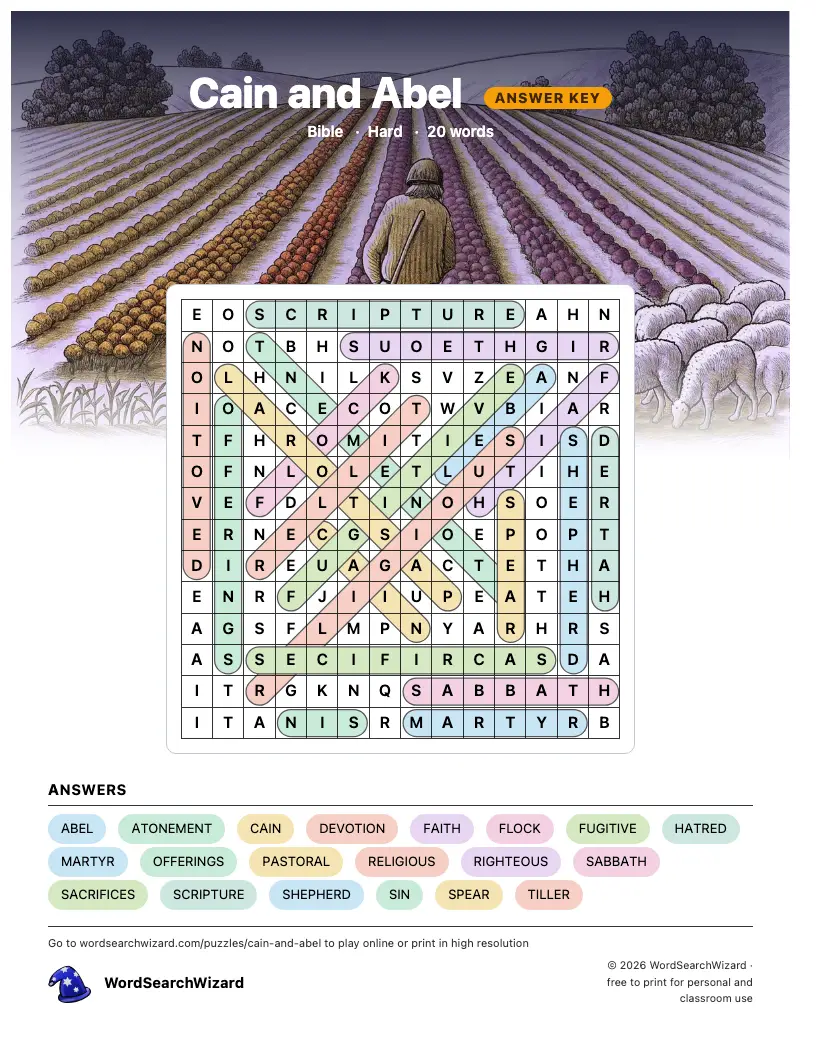 Cain and Abel word search answer key, all 20 words marked
