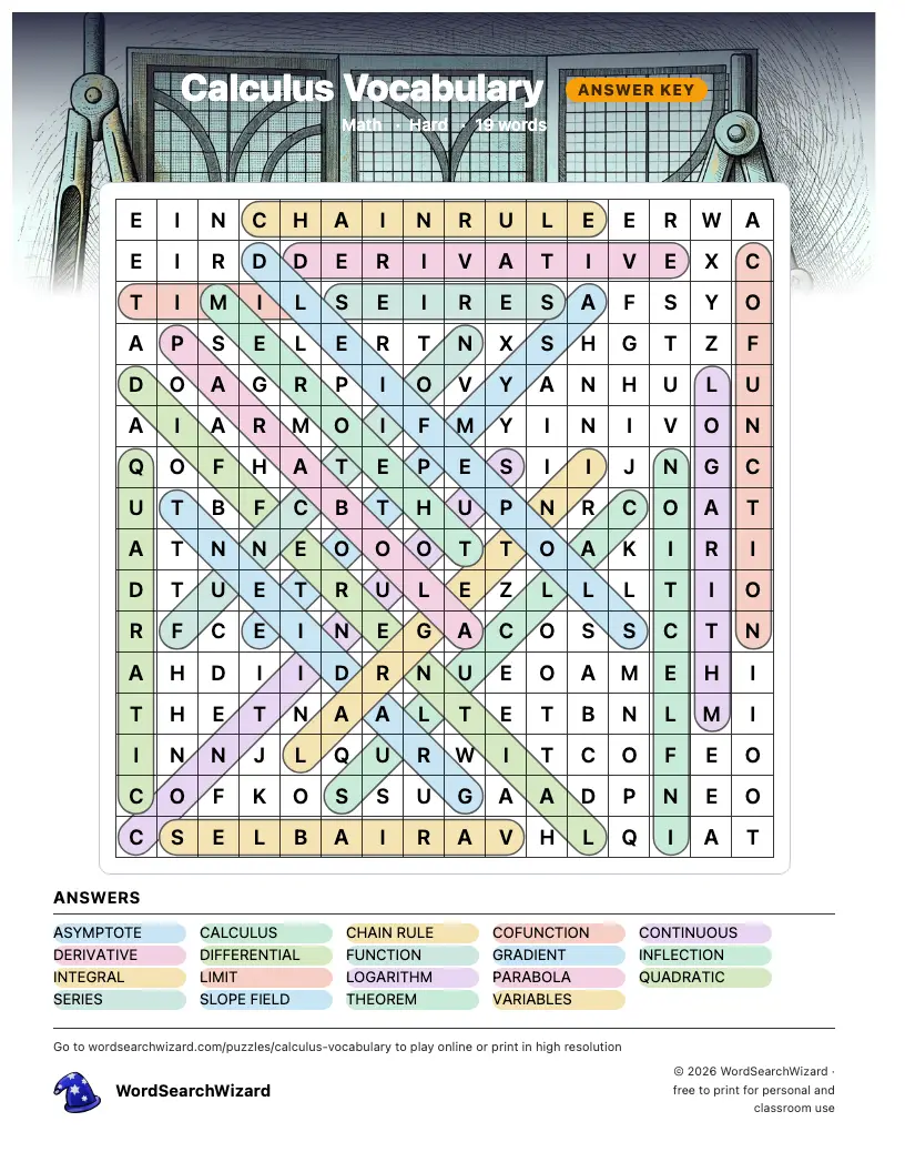 Calculus Vocabulary word search answer key, all 19 words marked
