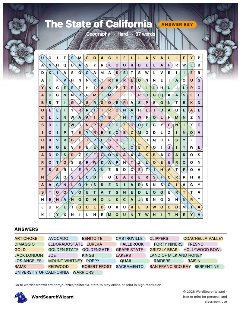 The State of California word search answer key, all 37 words marked