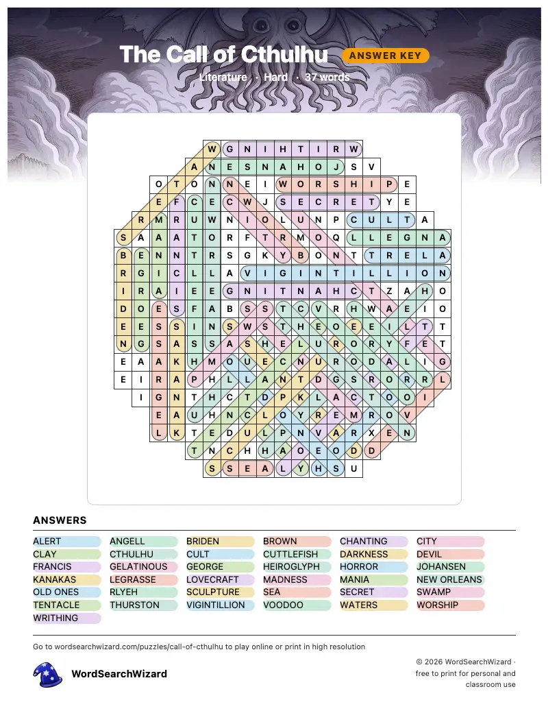The Call of Cthulhu word search answer key, all 37 words marked
