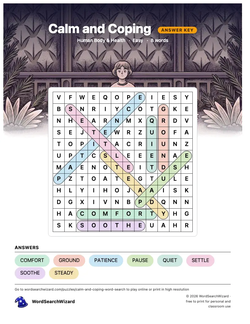 Calm and Coping word search answer key, all 8 words marked
