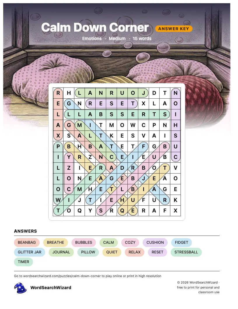 Calm Down Corner word search answer key, all 15 words marked