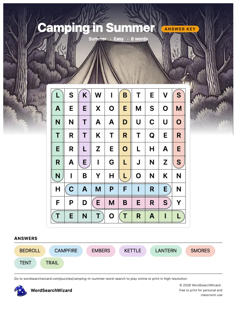 Camping in Summer word search answer key, all 8 words marked