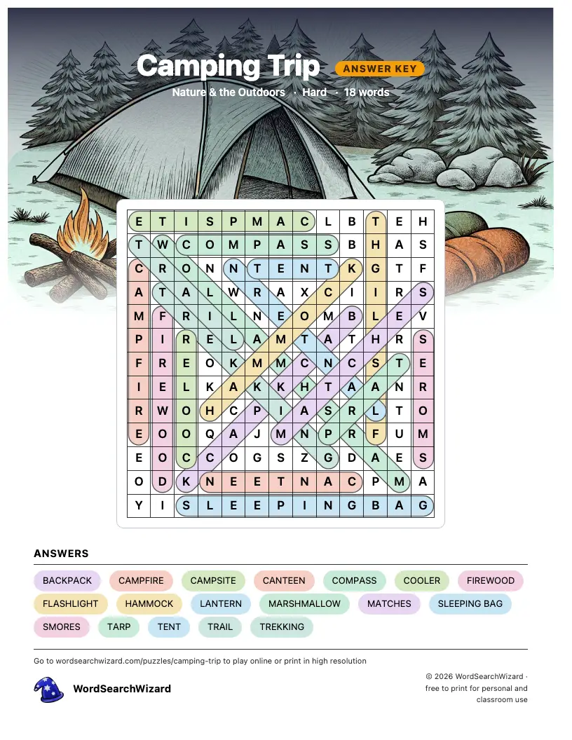 Camping Trip word search answer key, all 18 words marked