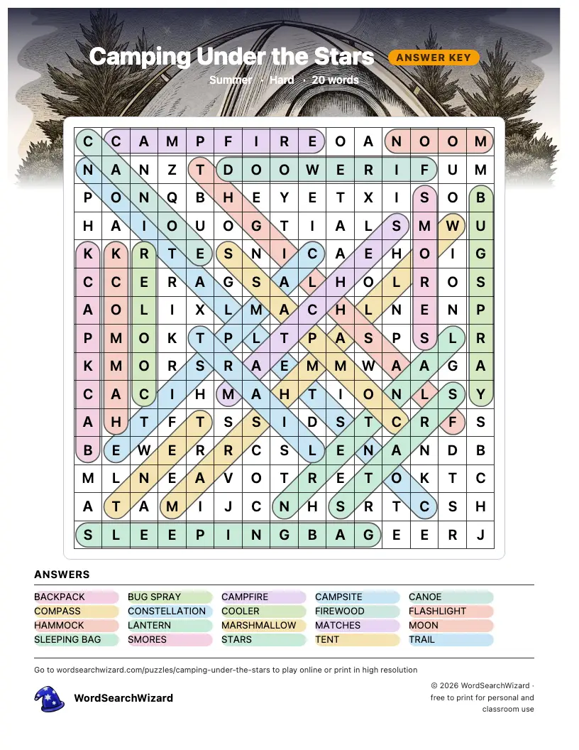Camping Under the Stars word search answer key, all 20 words marked