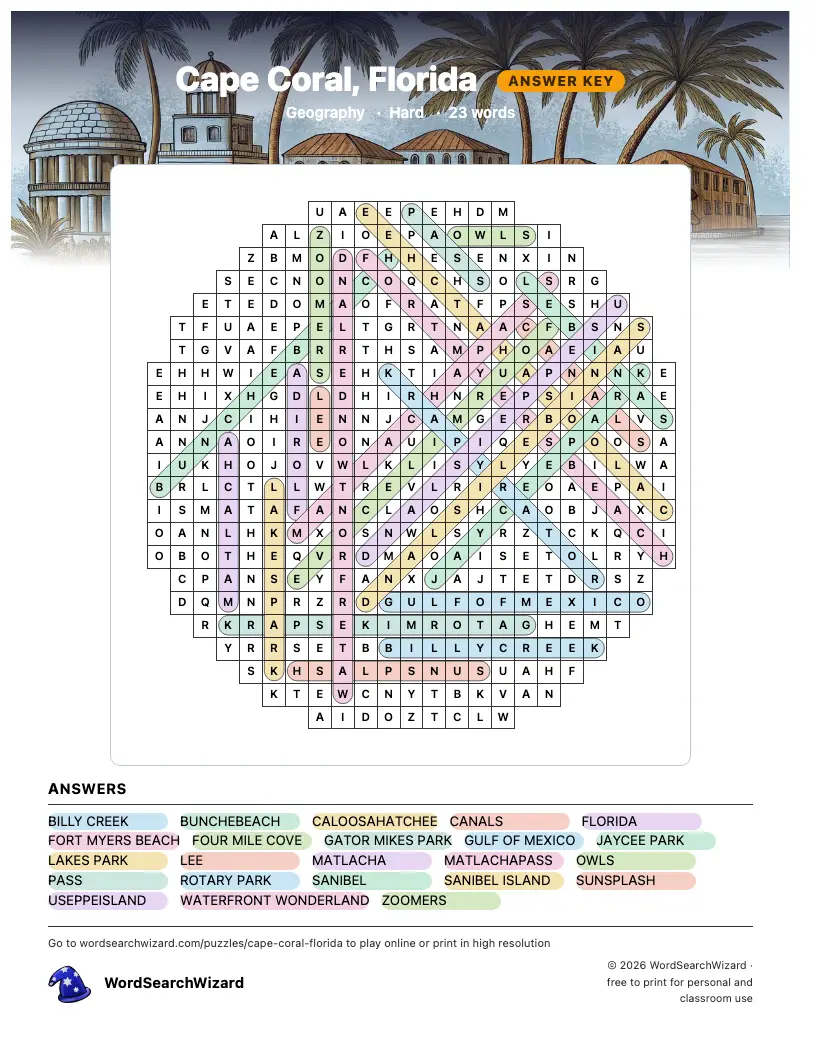 Cape Coral, Florida word search answer key, all 23 words marked
