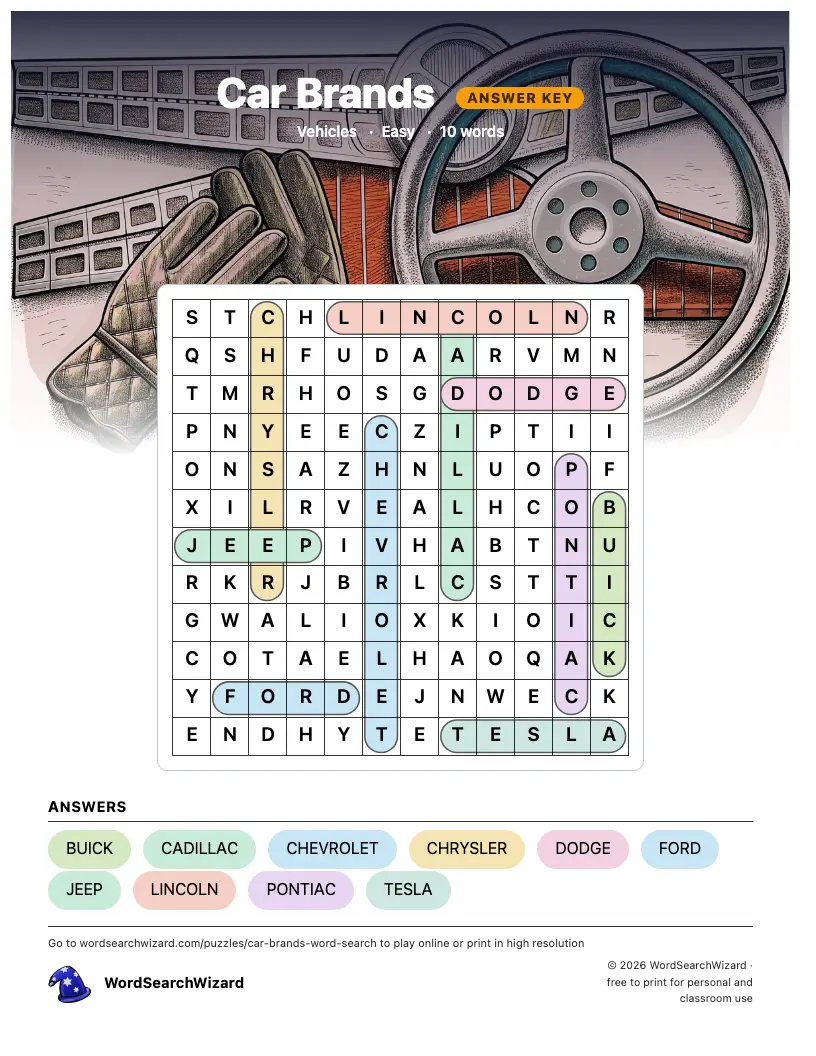 Car Brands word search answer key, all 10 words marked
