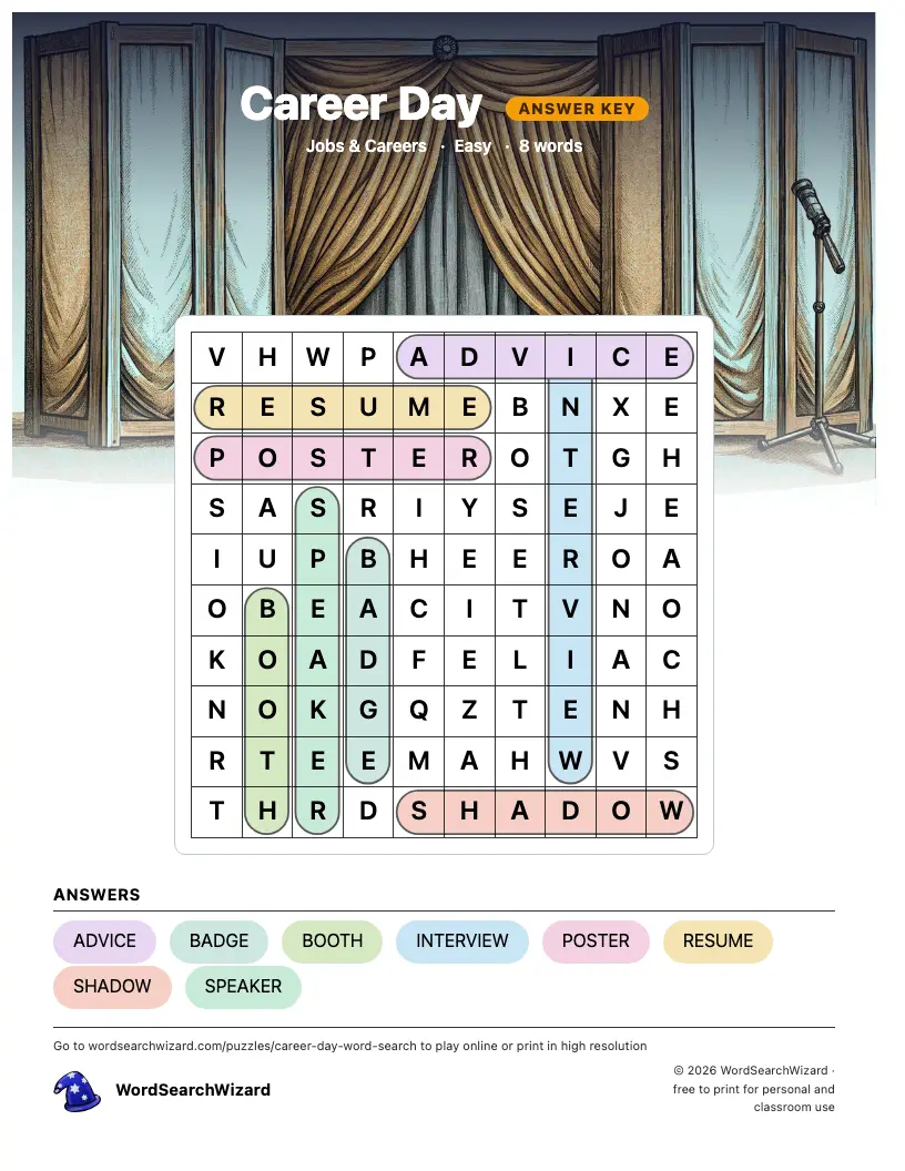 Career Day word search answer key, all 8 words marked