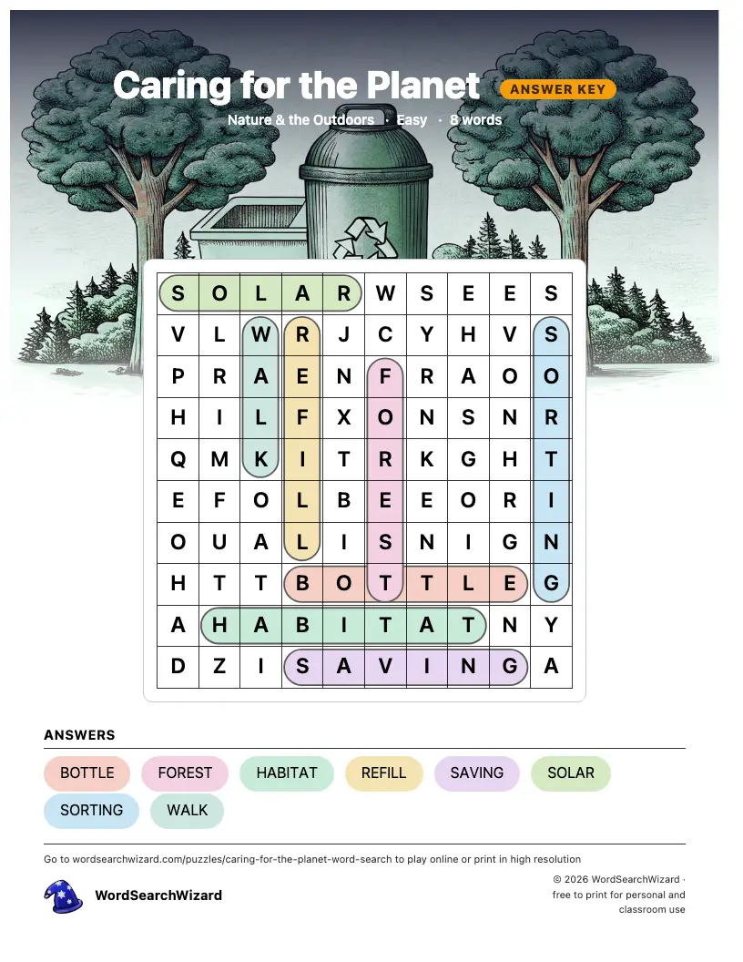 Caring for the Planet word search answer key, all 8 words marked