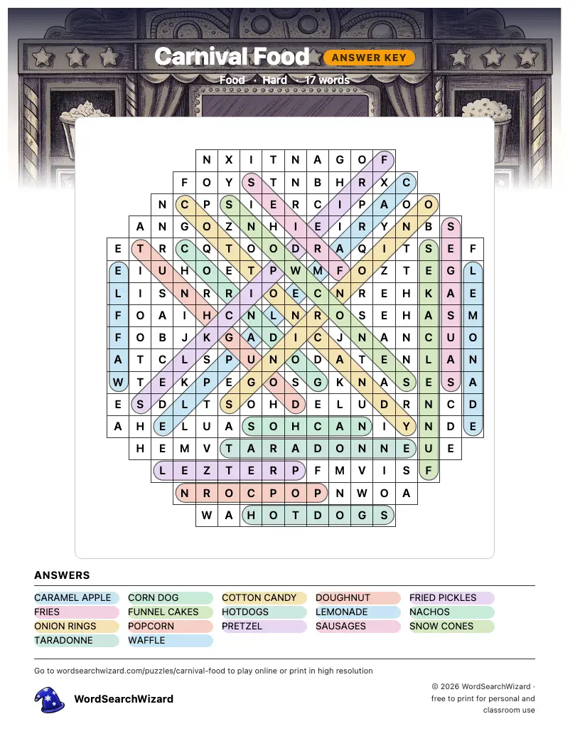 Carnival Food word search answer key, all 17 words marked