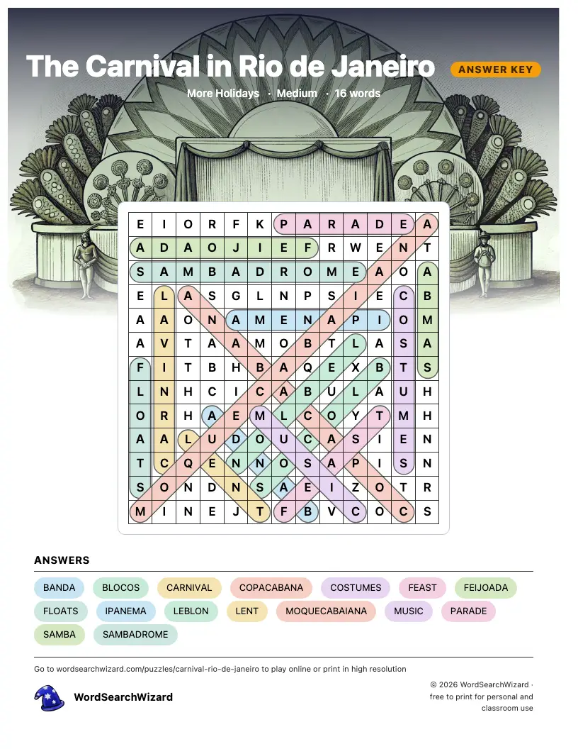 The Carnival in Rio de Janeiro word search answer key, all 16 words marked
