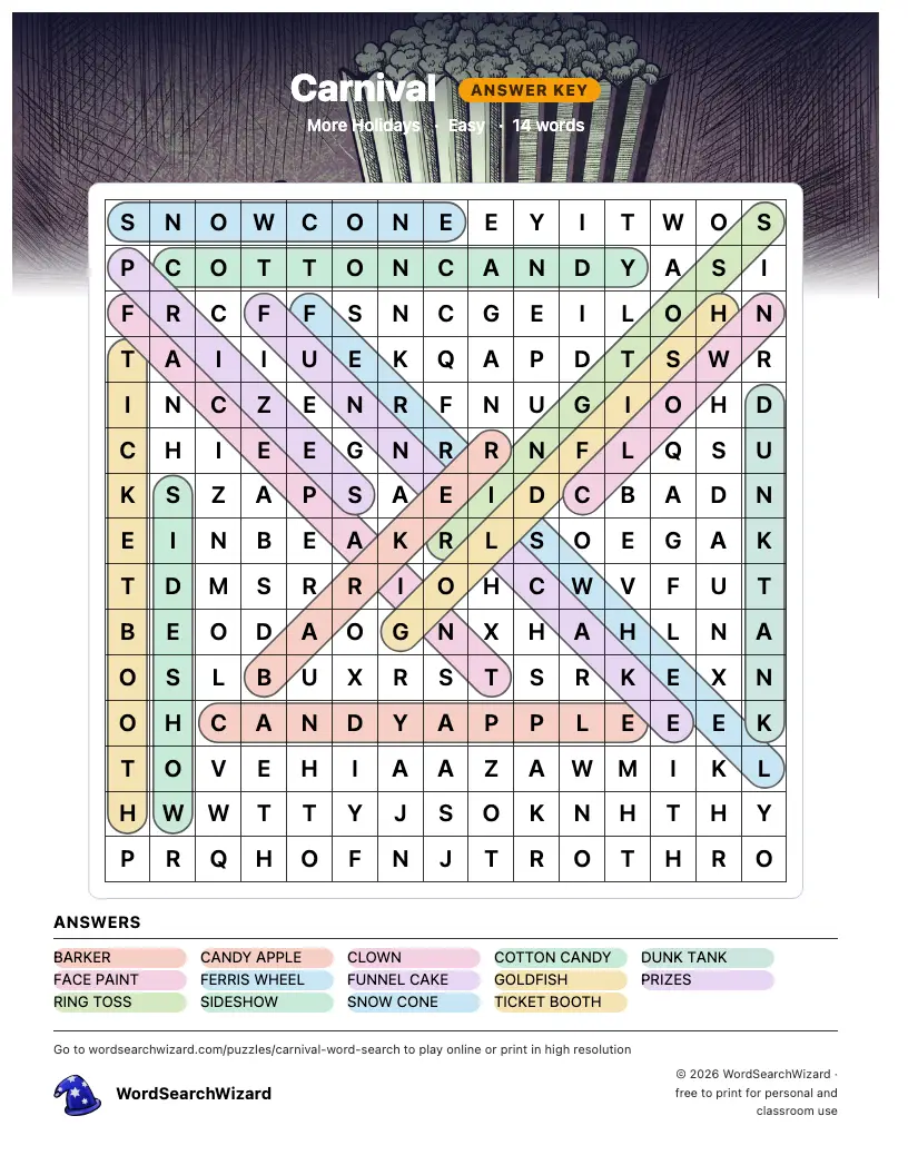 Carnival word search answer key, all 14 words marked