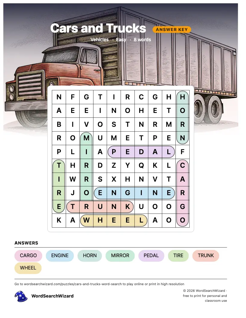 Cars and Trucks word search answer key, all 8 words marked