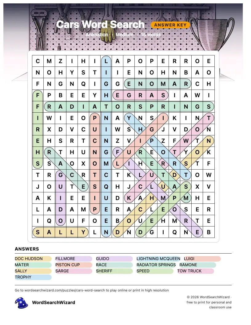Cars word search answer key, all 16 words marked