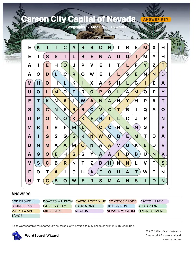 Carson City Capital of Nevada word search answer key, all 16 words marked