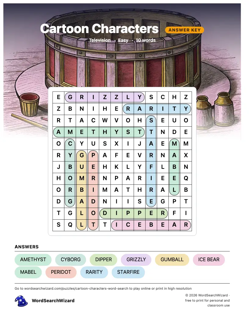 Cartoon Characters word search answer key, all 10 words marked