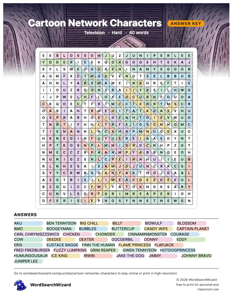 Cartoon Network Characters word search answer key, all 40 words marked