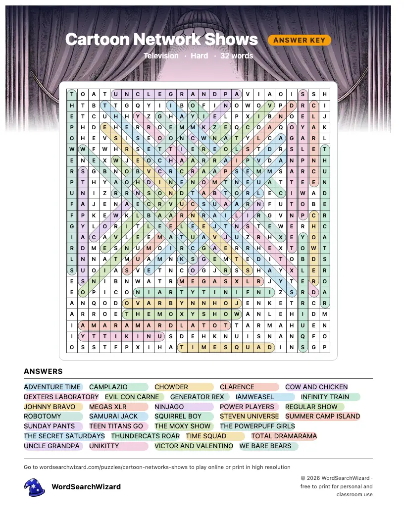 Cartoon Network Shows word search answer key, all 32 words marked