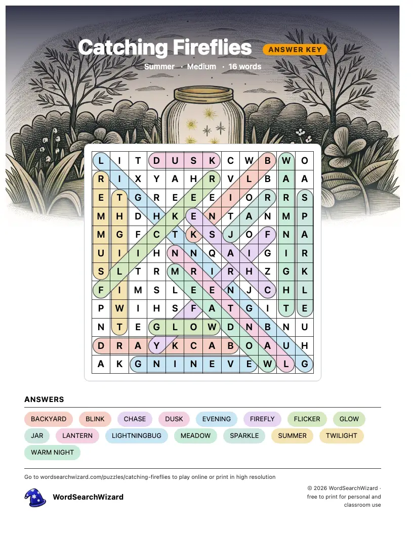 Catching Fireflies word search answer key, all 16 words marked