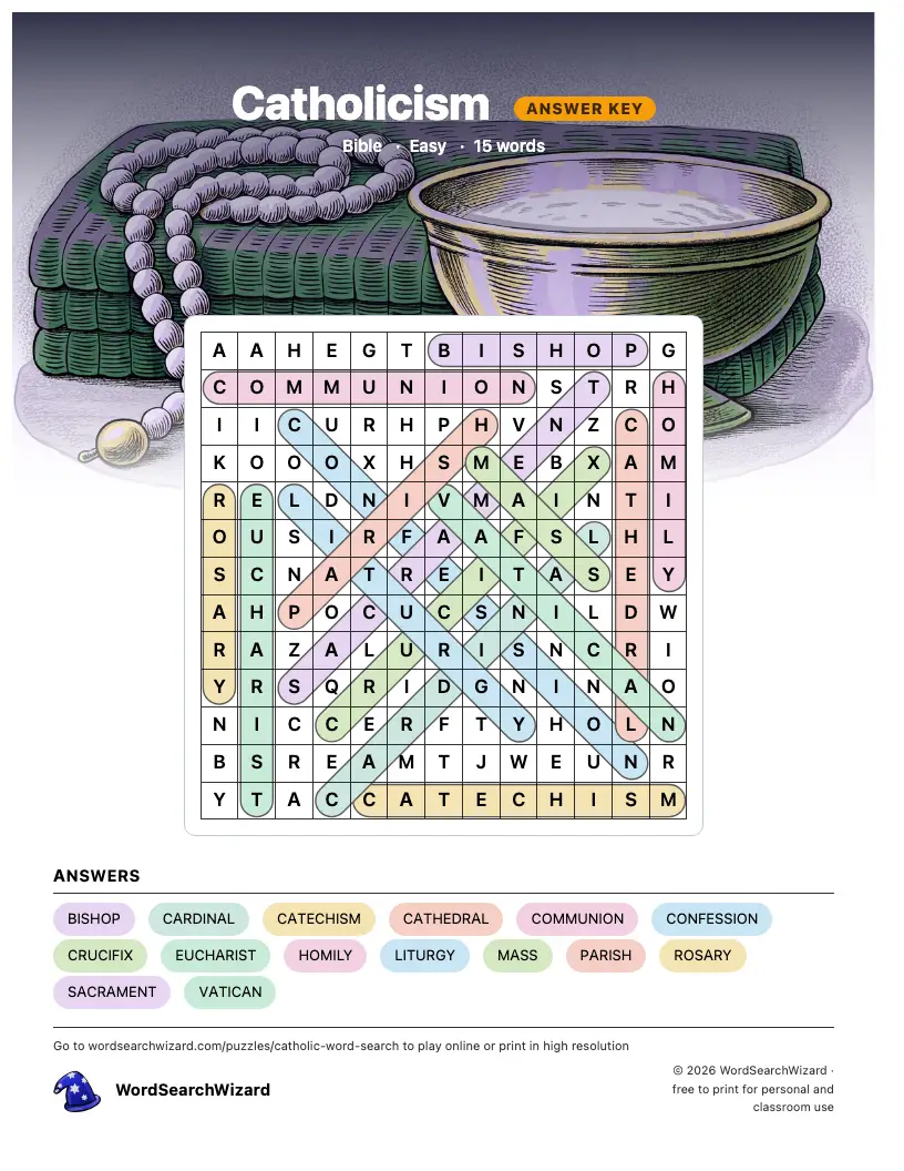 Catholicism word search answer key, all 15 words marked