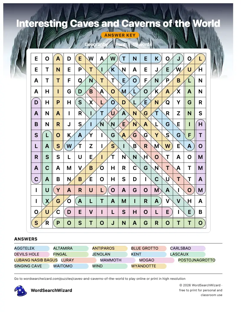 Interesting Caves and Caverns of the World word search answer key, all 19 words marked