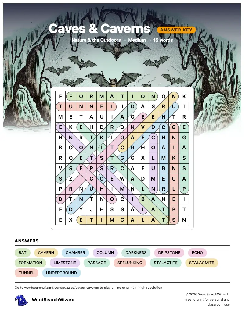 Caves & Caverns word search answer key, all 15 words marked