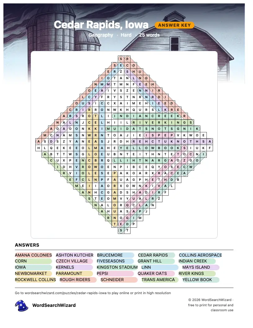 Cedar Rapids, Iowa word search answer key, all 25 words marked