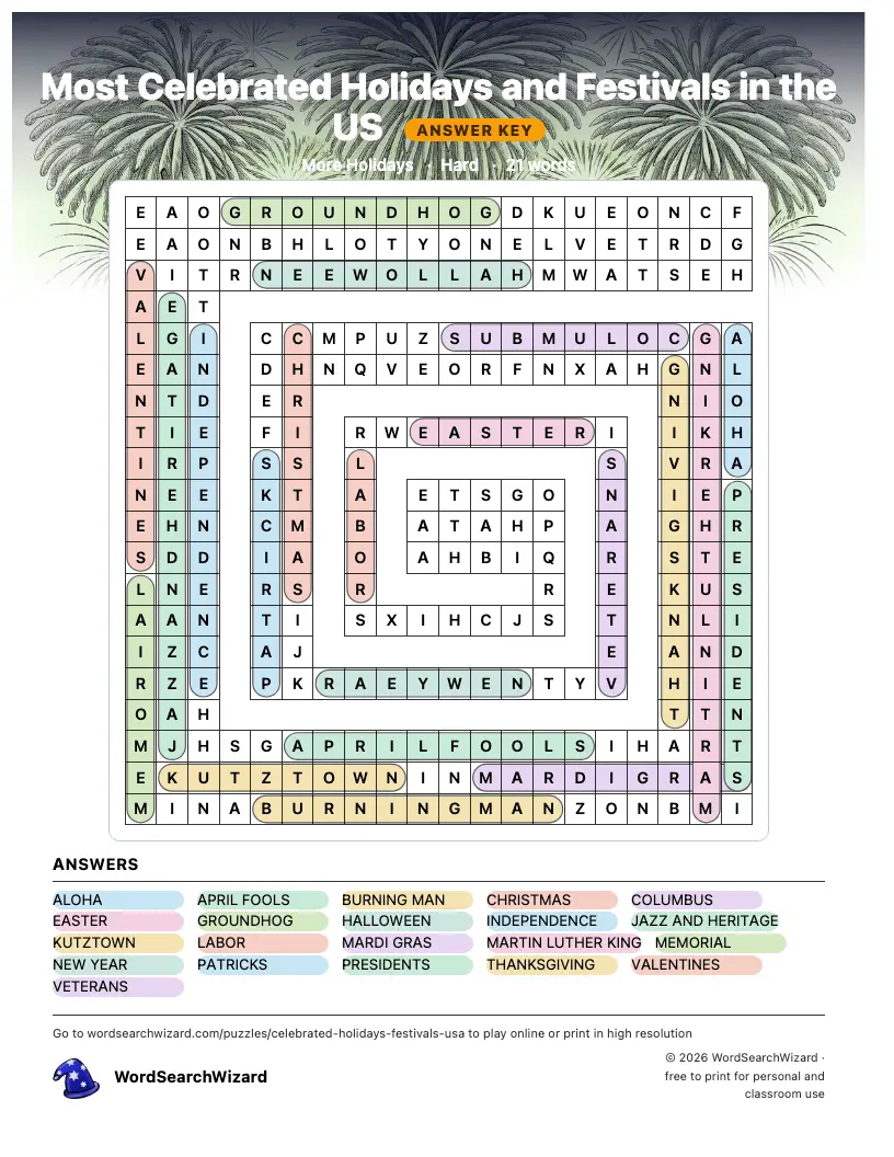 Most Celebrated Holidays and Festivals in the US word search answer key, all 21 words marked
