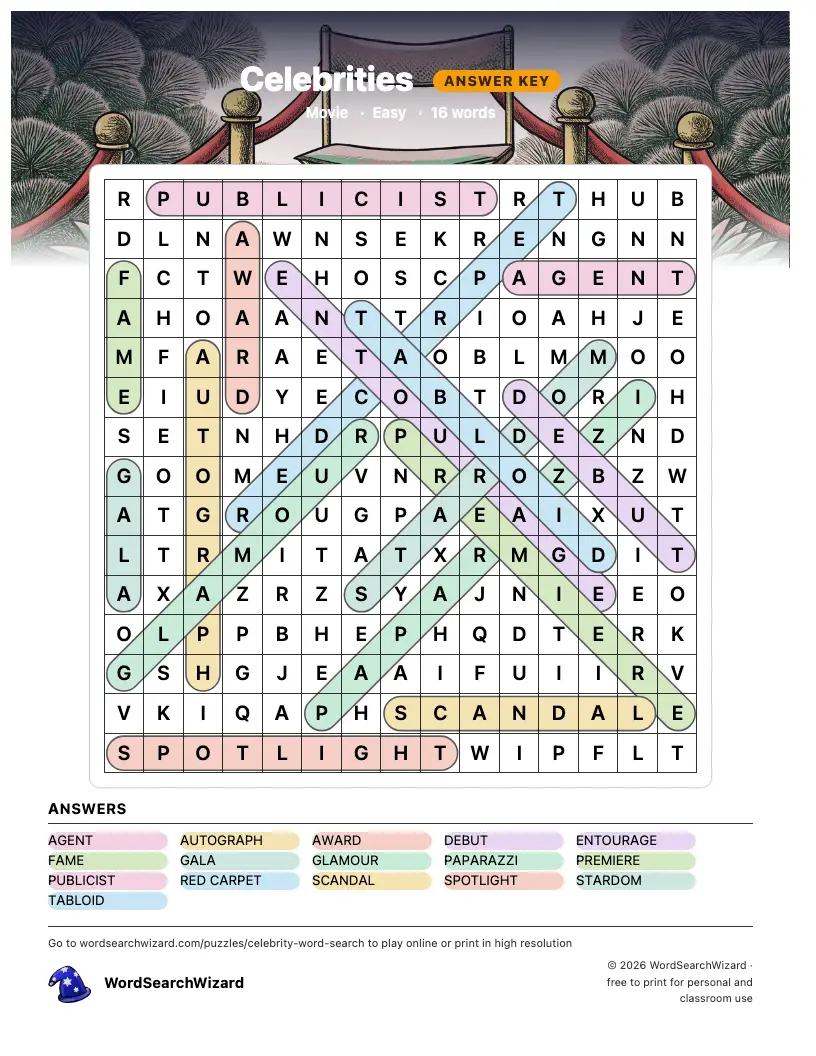 Celebrities word search answer key, all 16 words marked