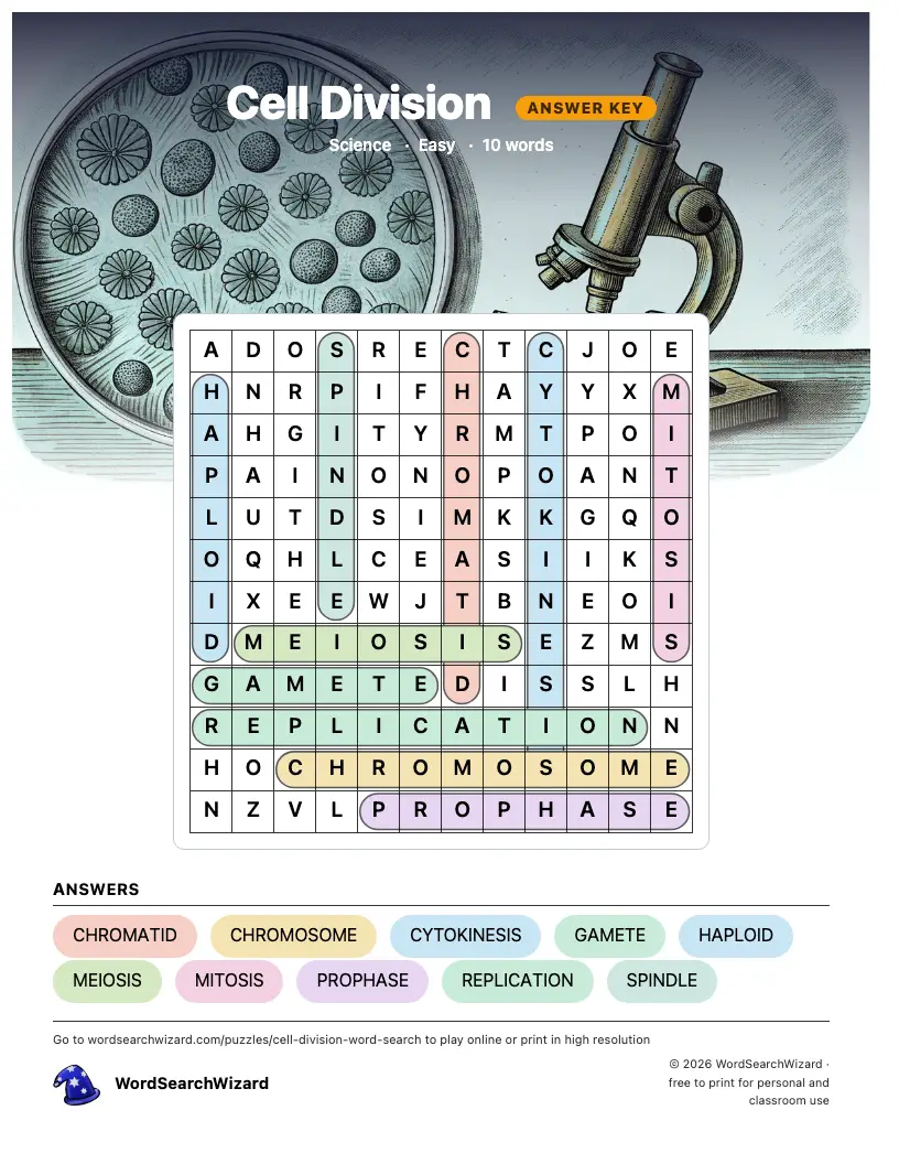 Cell Division word search answer key, all 10 words marked