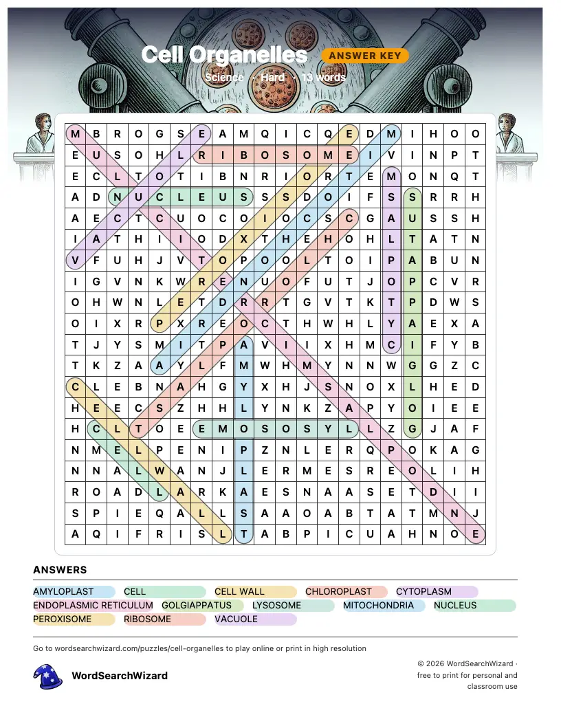 Cell Organelles word search answer key, all 13 words marked