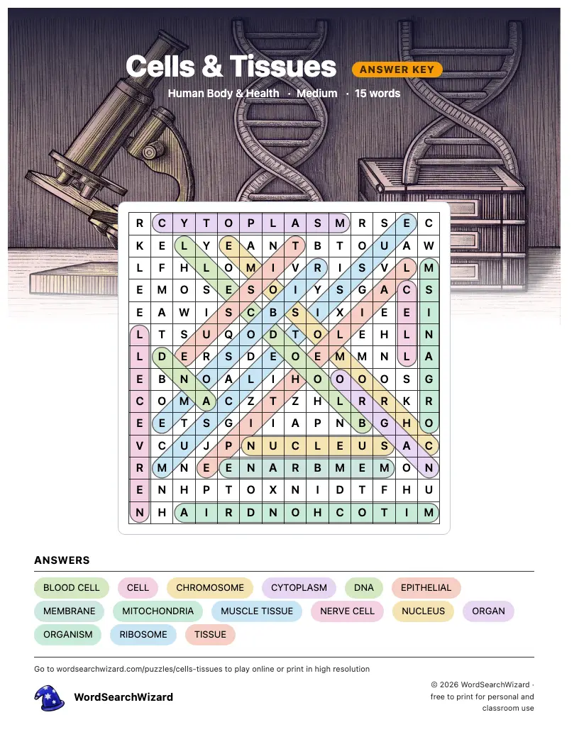Cells & Tissues word search answer key, all 15 words marked