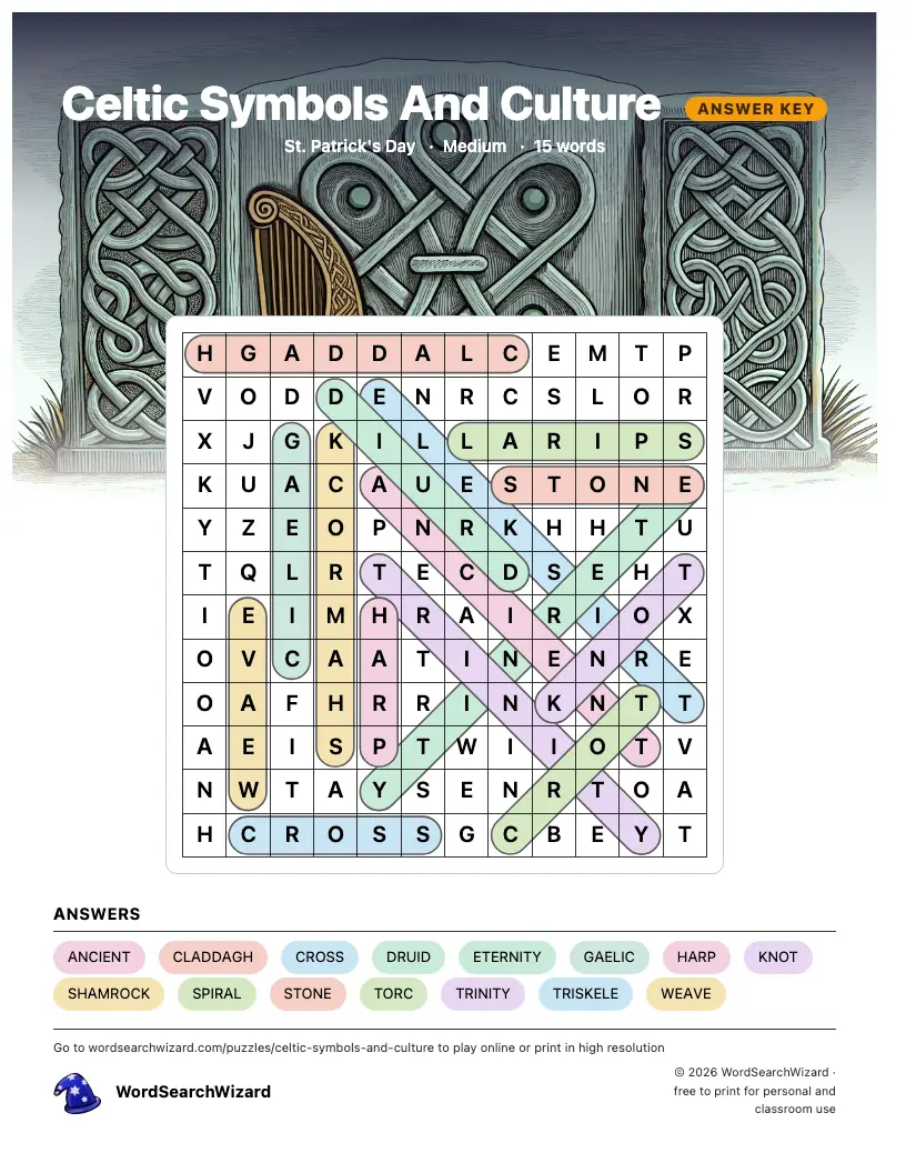 Celtic Symbols And Culture word search answer key, all 15 words marked