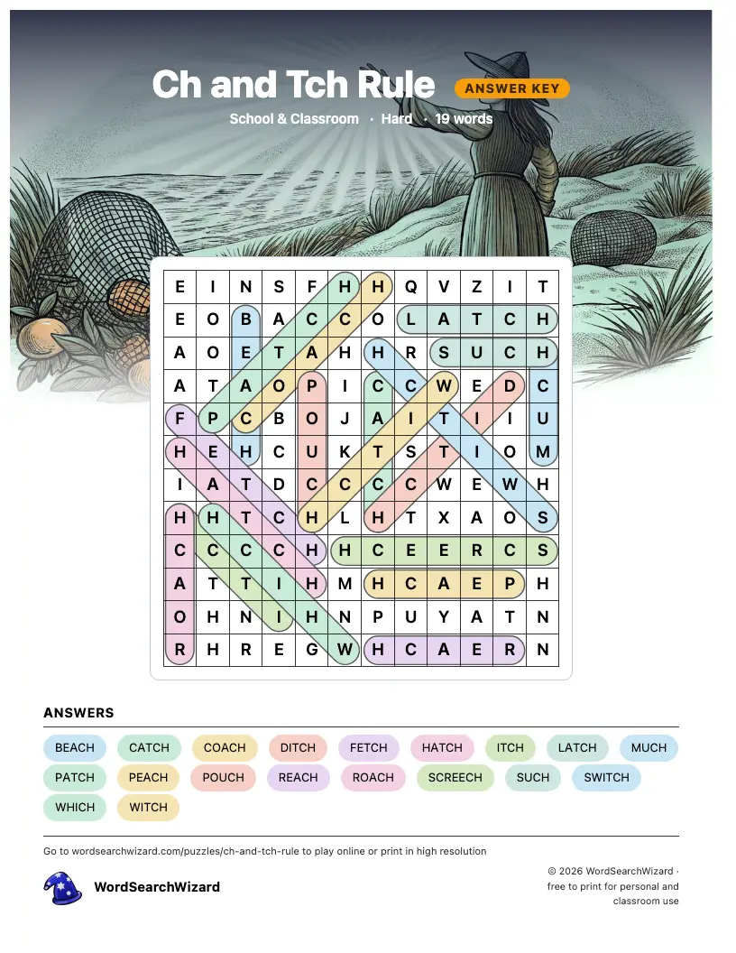 Ch and Tch Rule word search answer key, all 19 words marked
