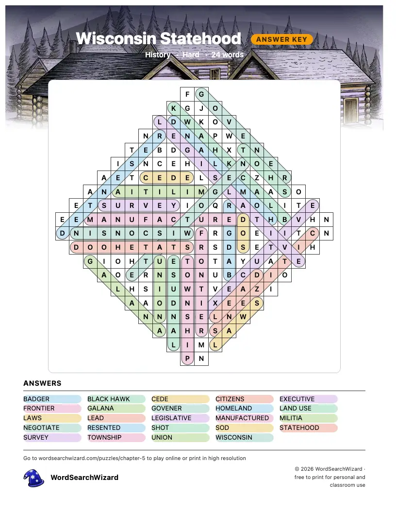 Wisconsin Statehood word search answer key, all 24 words marked
