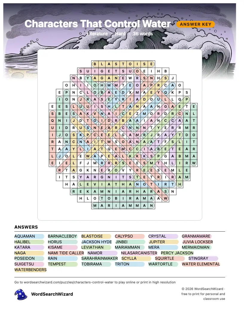 Characters That Control Water word search answer key, all 36 words marked