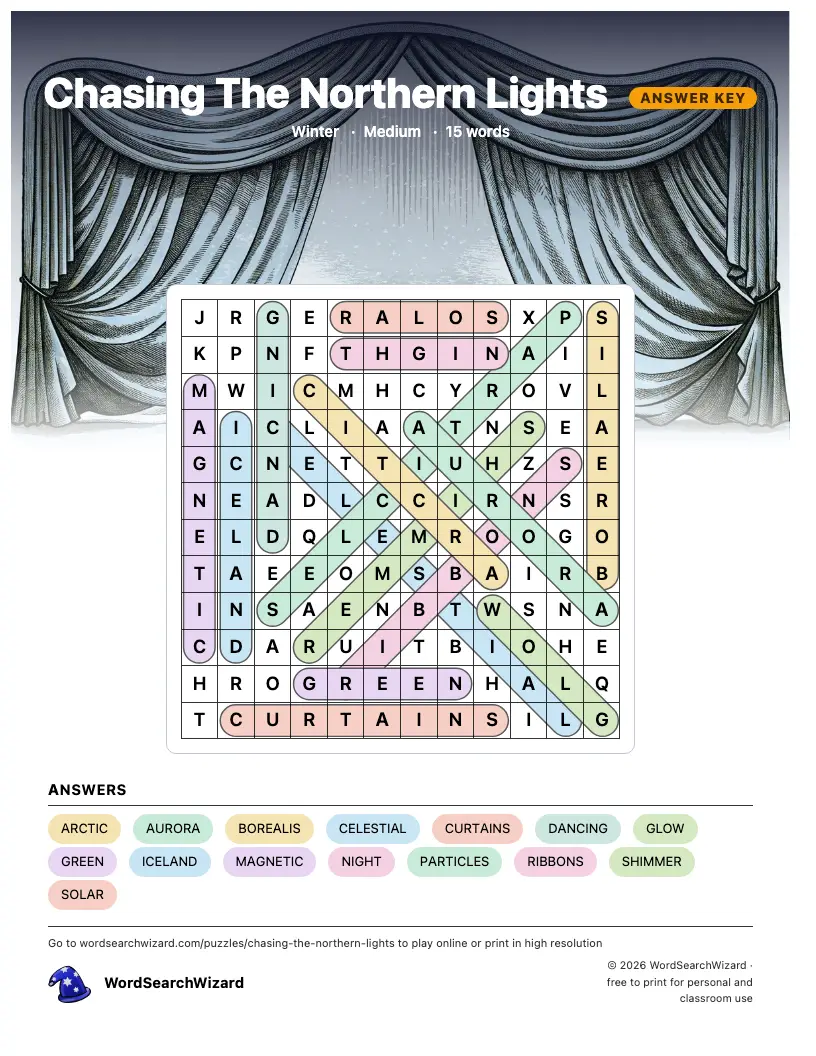 Chasing The Northern Lights word search answer key, all 15 words marked
